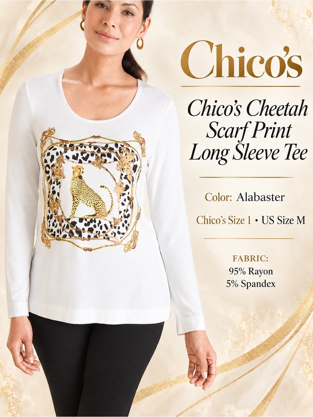 chico's CHEETAH SCARF PRINT LONG SLEEVE TEE NEW